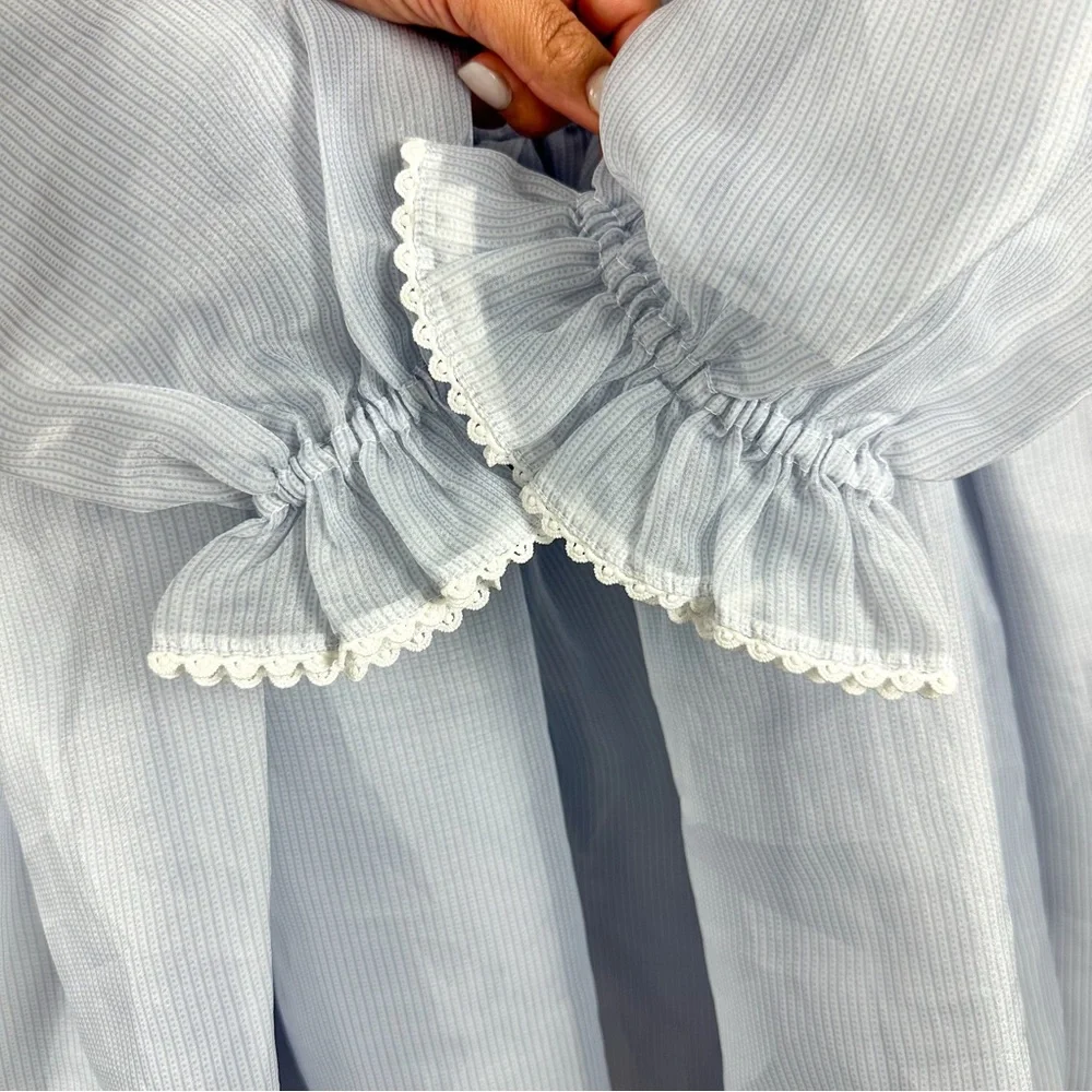 SELKIE The Puff Dress Sheer Blue Babydoll Pinstripe Dress Size Small - Picture 7 of 17